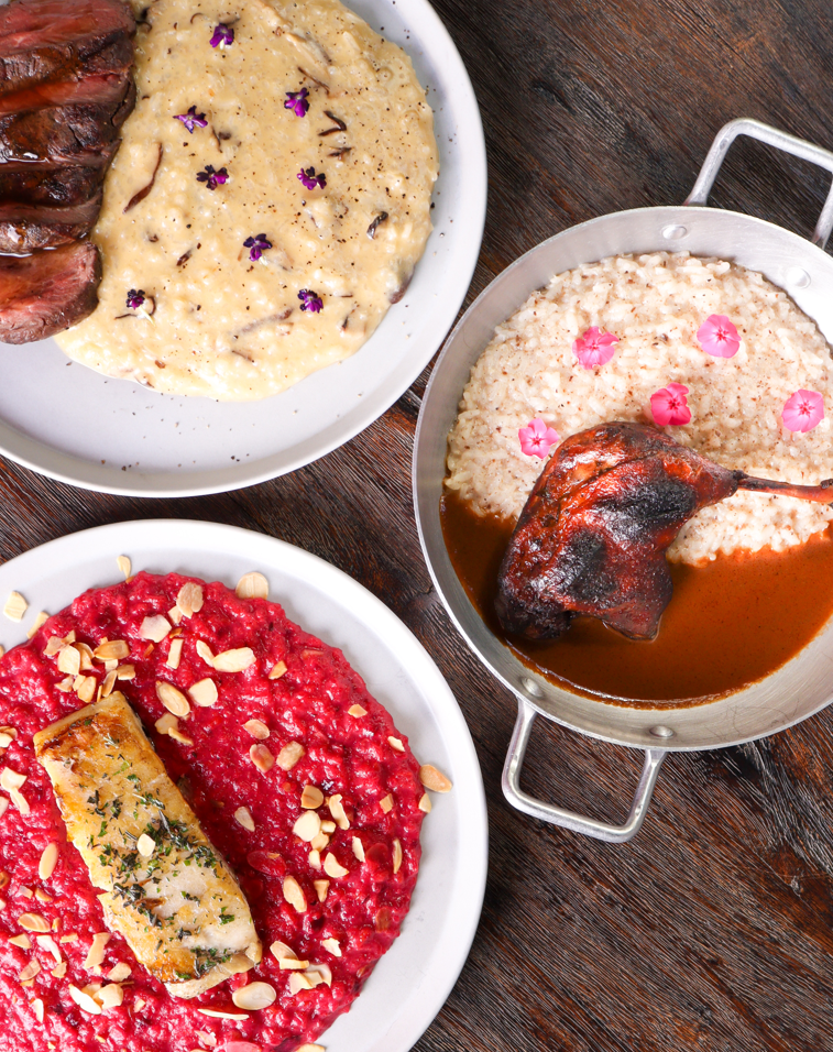 Pescada Amarela com risotto de beterraba e amêndoas laminadas, Risotto al Fontina com Filé Mignon ao molho roti e Coscia D'Anatra com risotto de pasta de trufas negras. Crédito: Natália Furlan