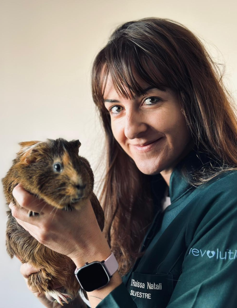 Raissa Natali, veterinária especializada em pets não convencionais do Hospital Veterinário Taquaral (HVT) de Campinas, segurando um porquinho-da-índia (Crédito: Divulgação)