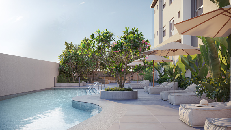 Imagem virtual da piscina do Authentic, recém-lançado em Campinas pela Plaenge (Crédito: Divulgação)