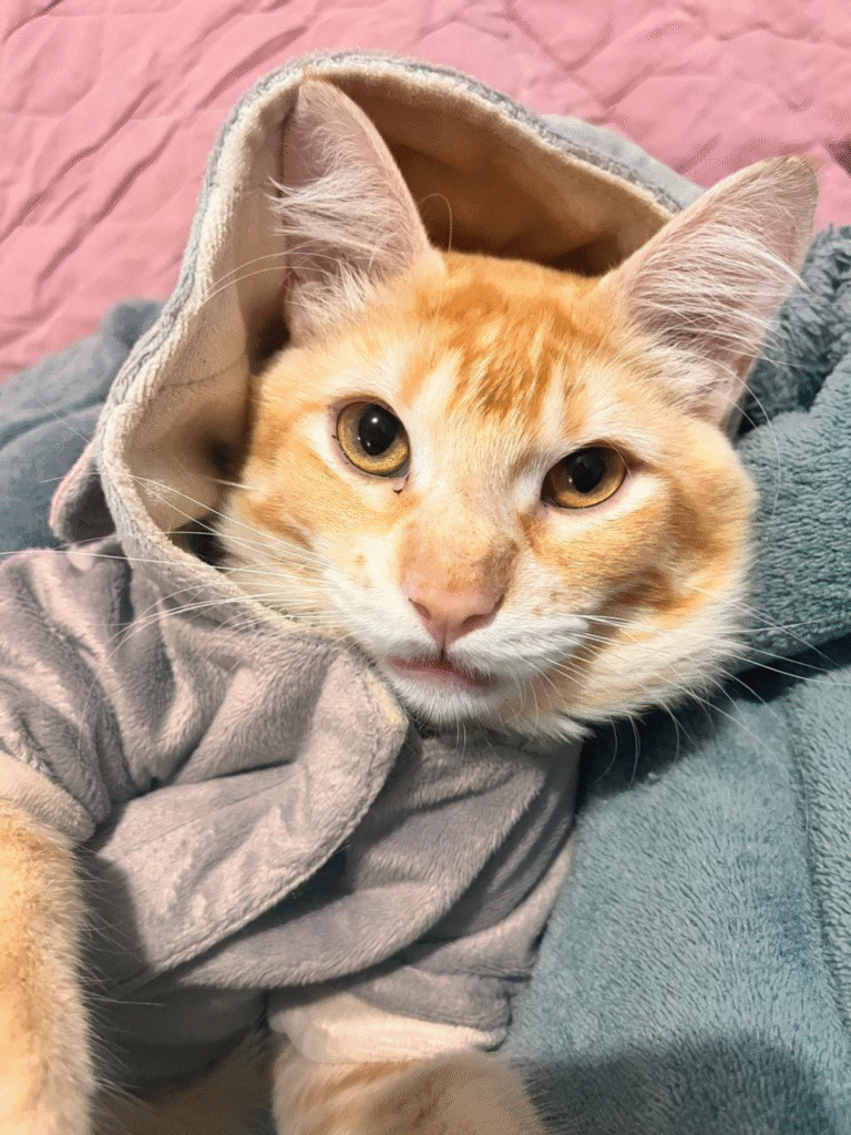 O gatinho Jon aquecido nos dias de clima mais fresco (Crédito: Divulgação)